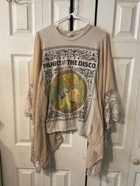 Panic at the Disco Upcycled Graphic T-Shirt with Flowy Lace Sleeves - OSFM